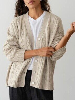 Cream Cable-Knit V-Neck Cardigan Sweater W/ Front Pockets Similar To Stock Photo